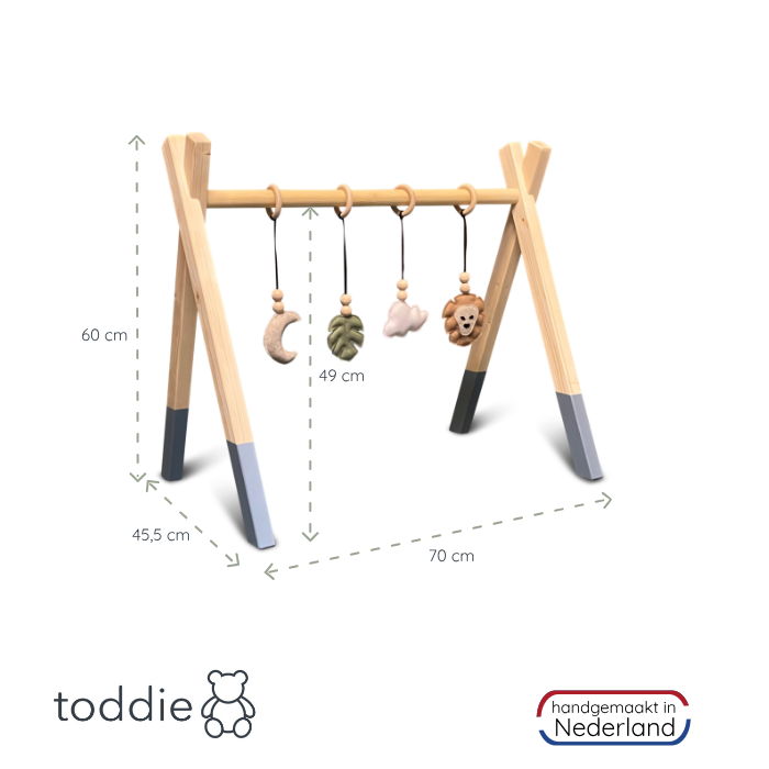 Houten babygym Denim drift, met jungle hangers , Tipi vorm massief hout - toddie.nl