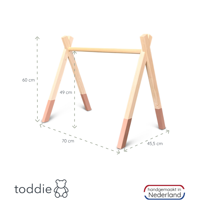 Houten babygym Terra roze, zonder hangers (apart verkrijgbaar), Tipi vorm massief hout - toddie.nl