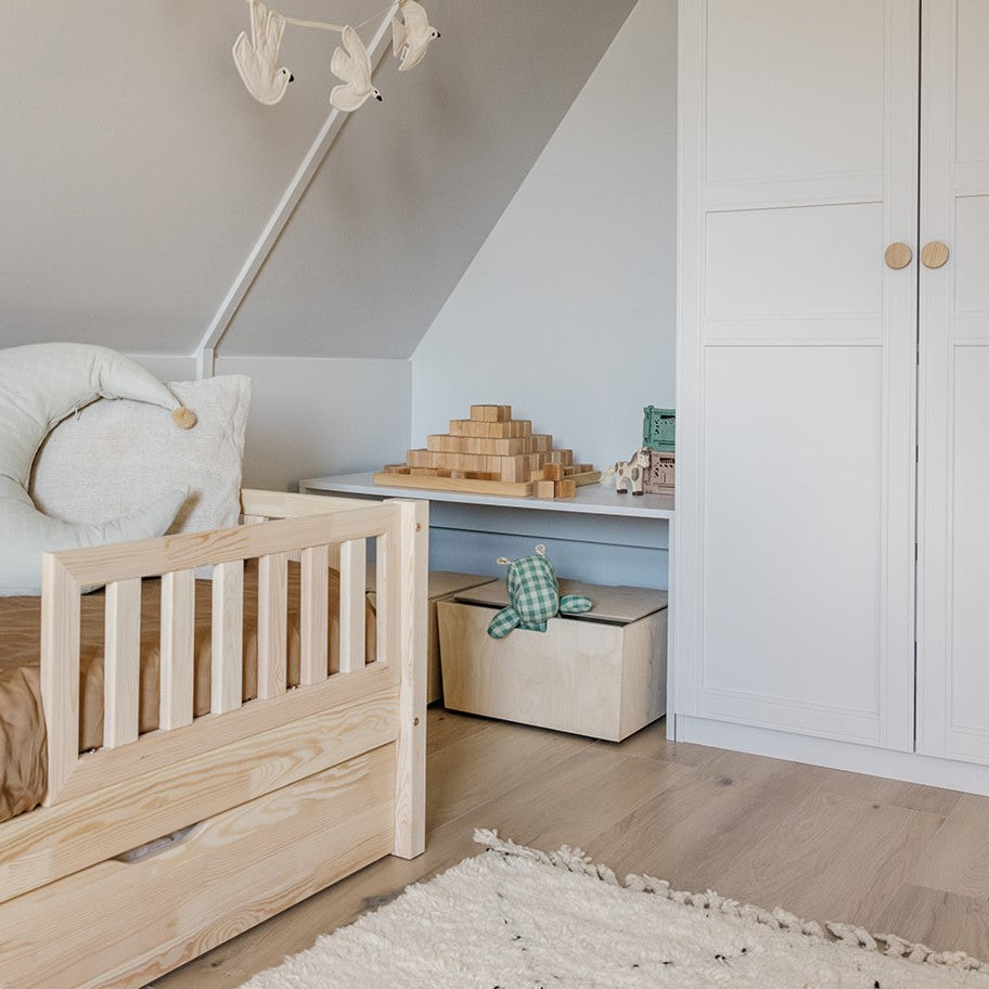 Montessori coffre de rangement roulant avec roulettes pivotantes et couvercle - naturel