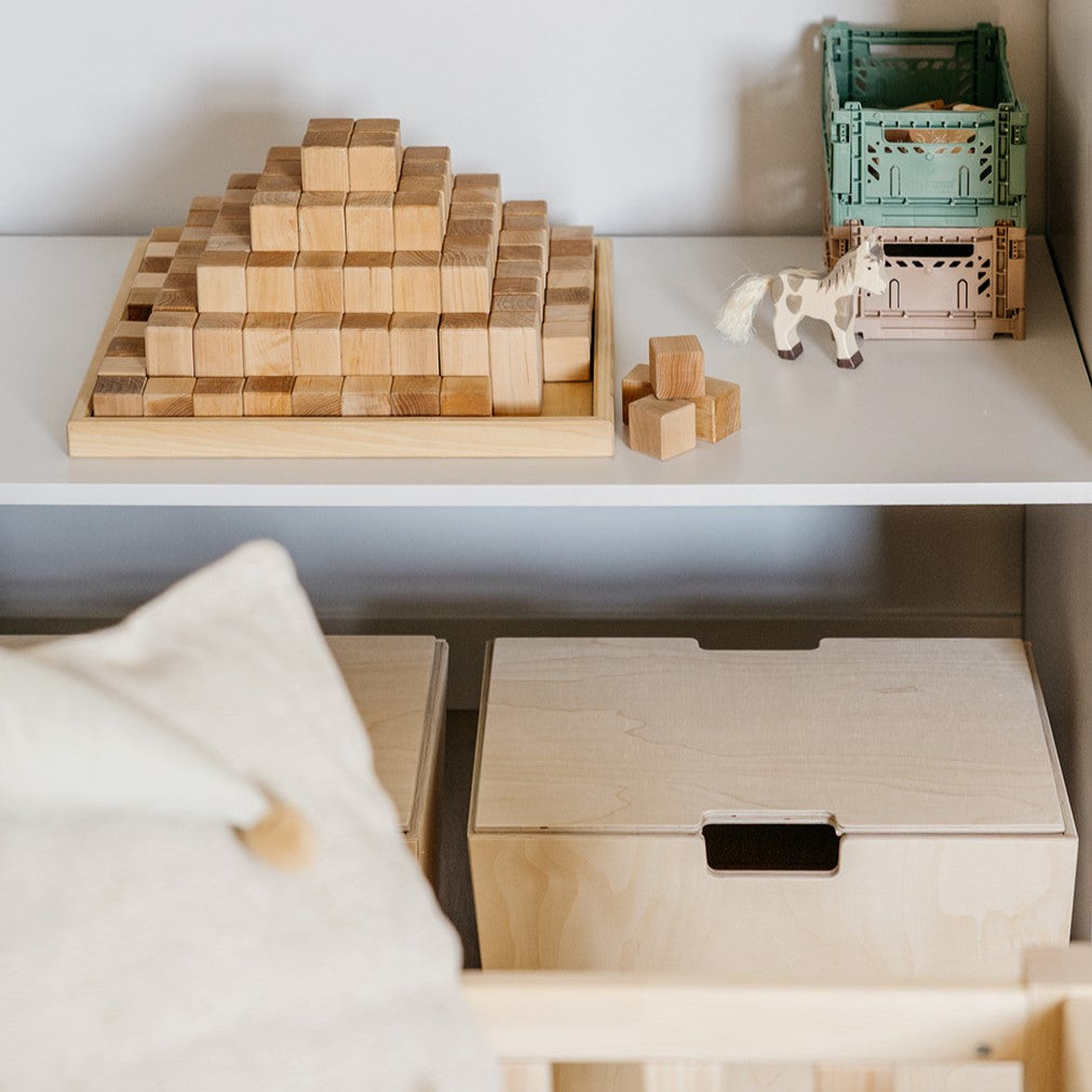 Montessori coffre de rangement roulant avec roulettes pivotantes et couvercle - naturel