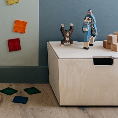 Montessori coffre de rangement roulant avec roulettes pivotantes et couvercle - naturel