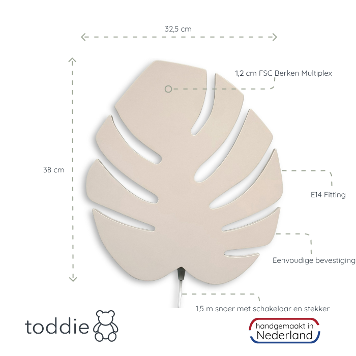 Houten wandlamp kinderkamer | Monstera blad beige - toddie.nl