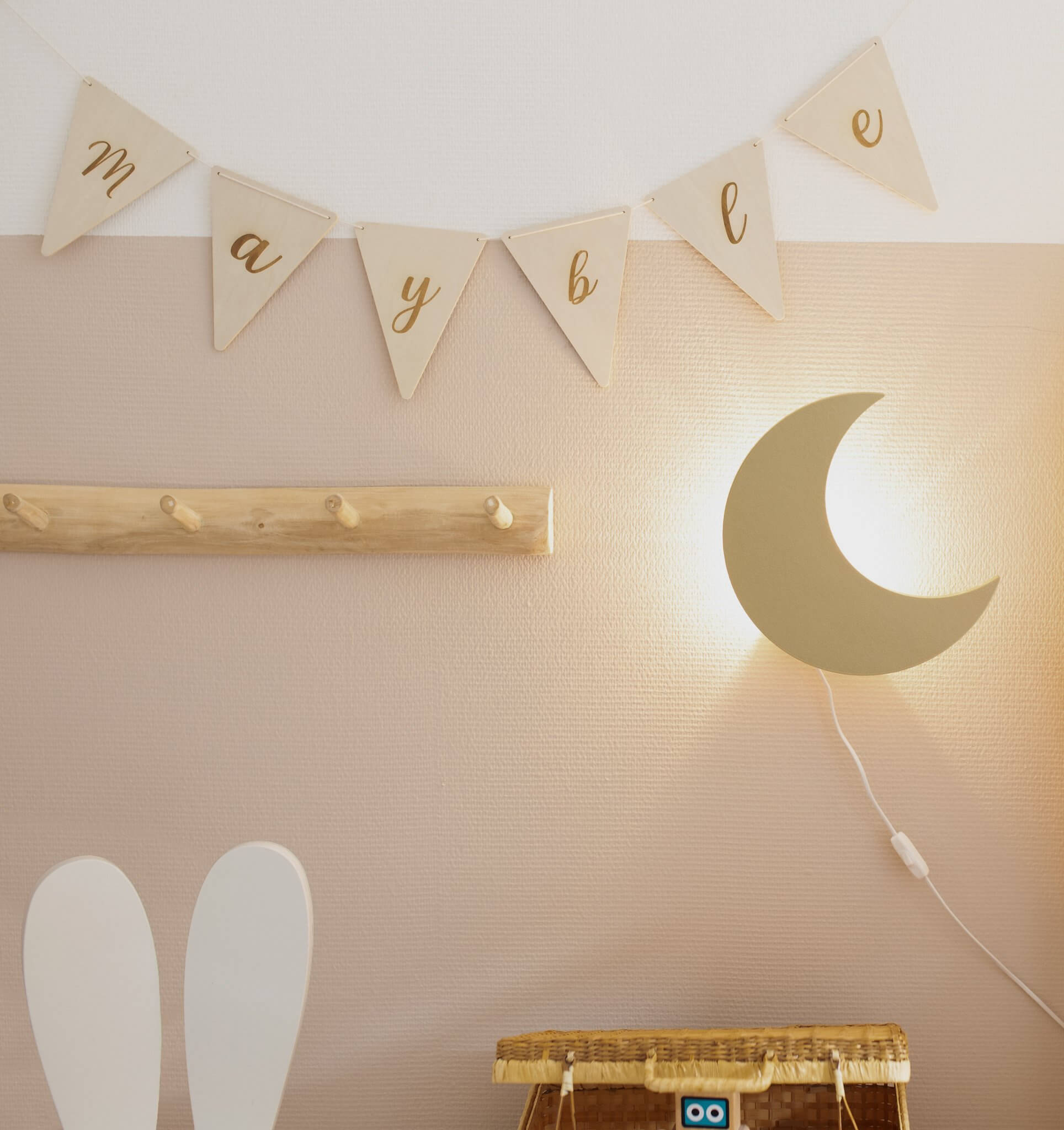 Houten wandlamp kinderkamer | Maan - Goud - toddie.nl