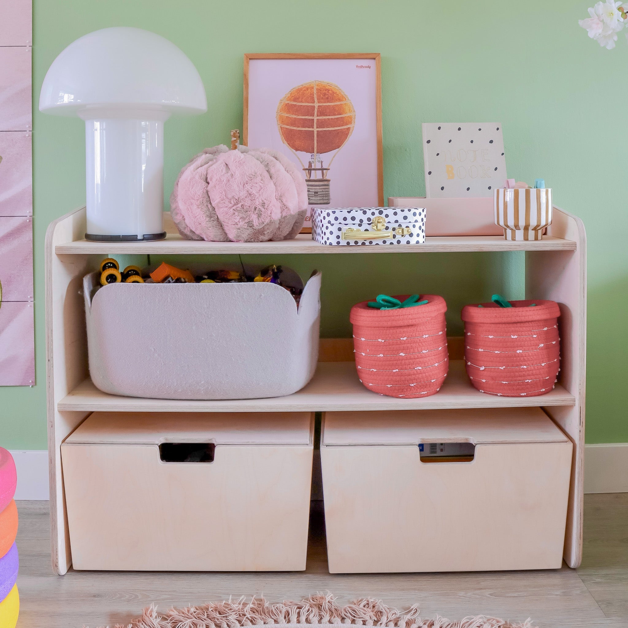 Montessori meuble à jouets ouverte + coffres de rangement roulants | Étagère à livres 2 étagères - naturel