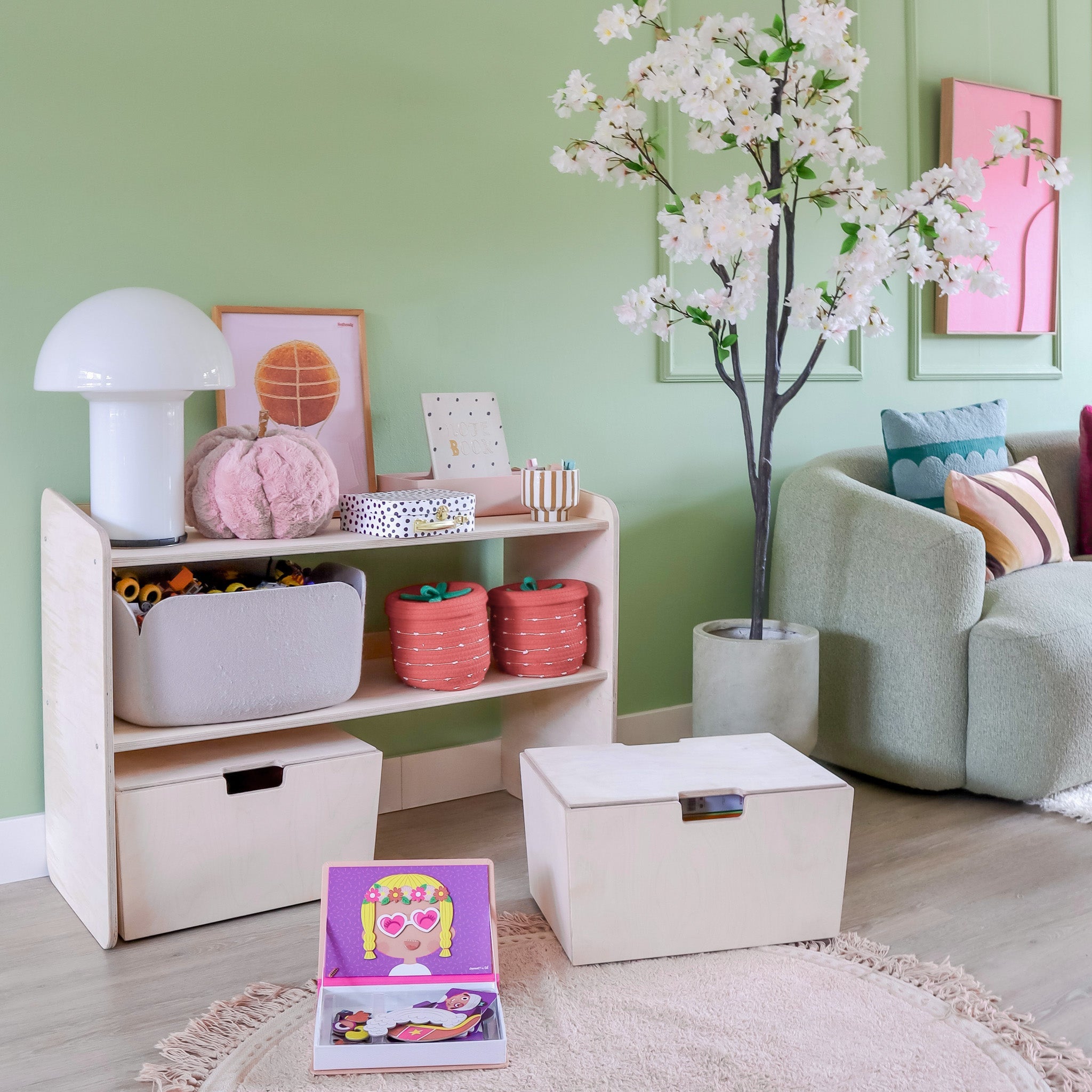 Montessori meuble à jouets ouverte + coffres de rangement roulants | Étagère à livres 2 étagères - naturel