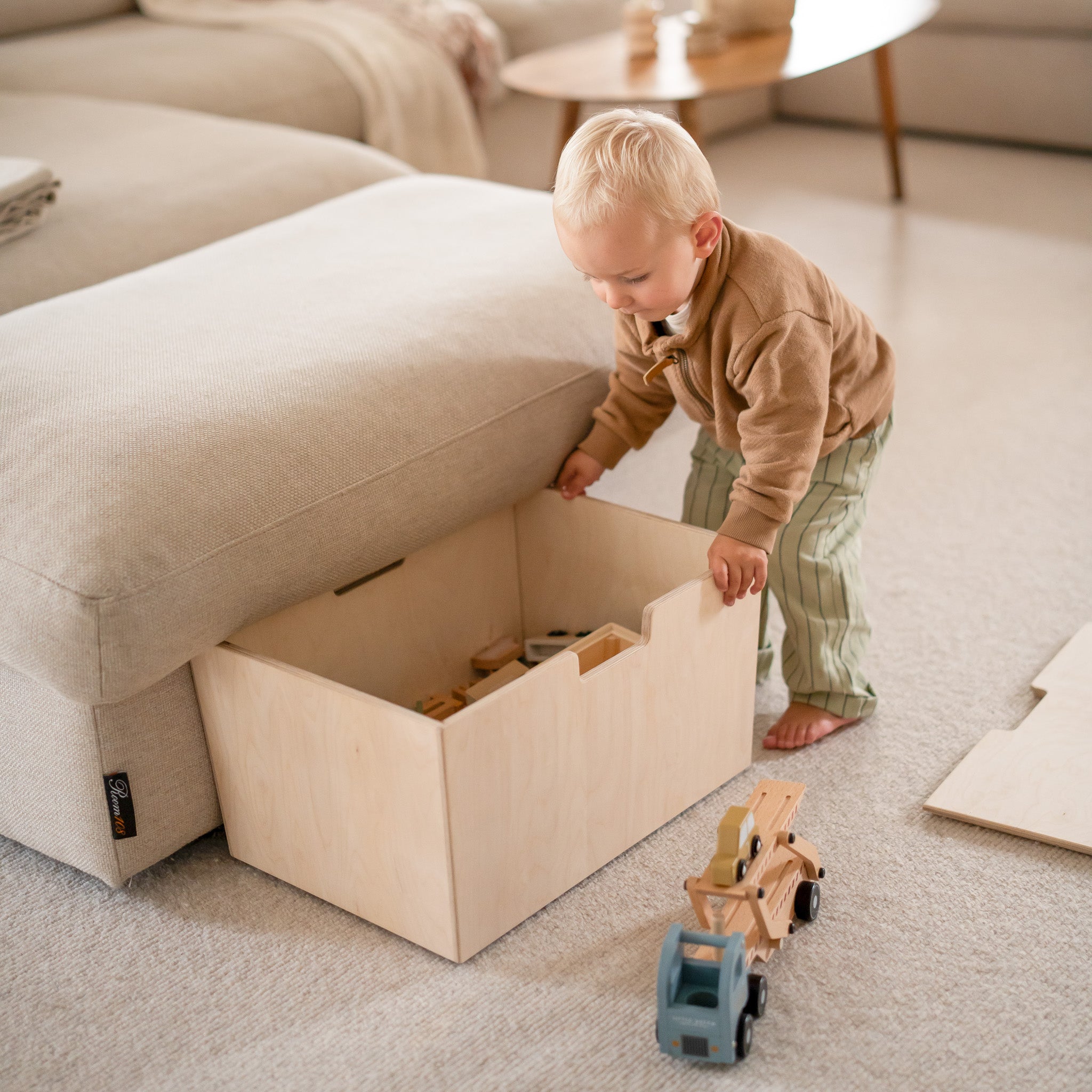Montessori coffre de rangement roulant avec roulettes pivotantes et couvercle - naturel