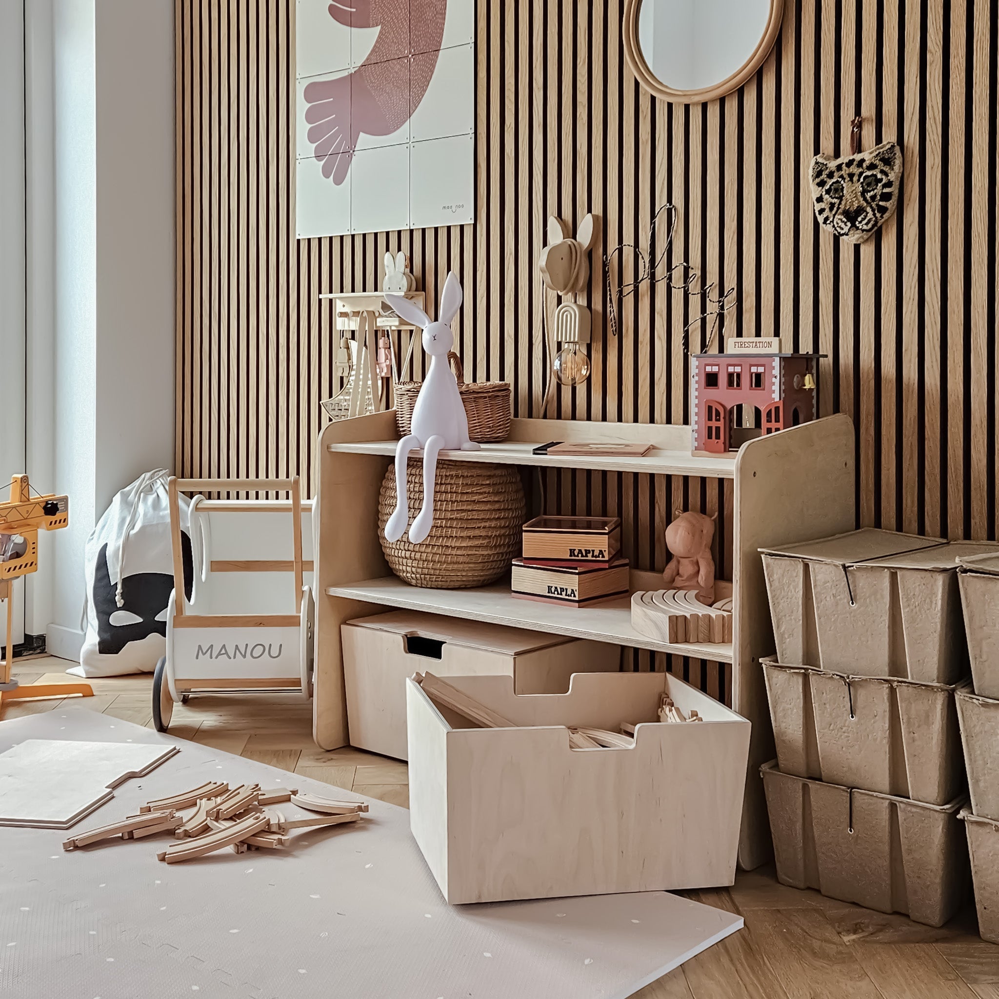 Montessori meuble à jouets ouverte + coffres de rangement roulants | Étagère à livres 2 étagères - naturel