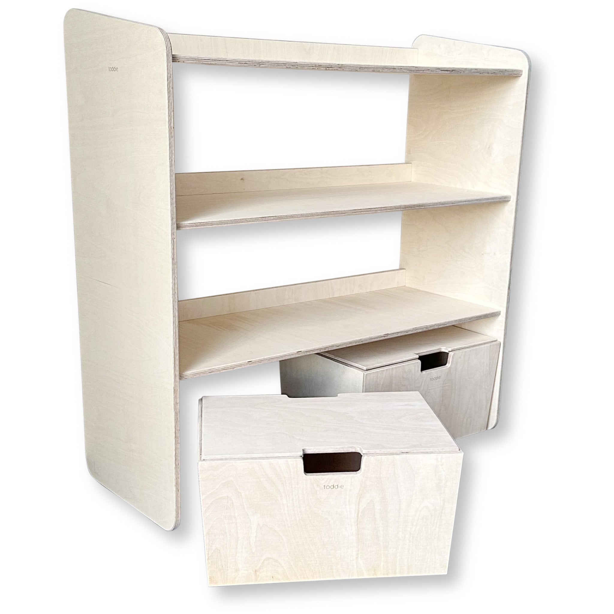 Jollie montessori open speelgoedkast + rijdende opbergkisten | Boekenkast 3 planken - blank - toddie.nl ®