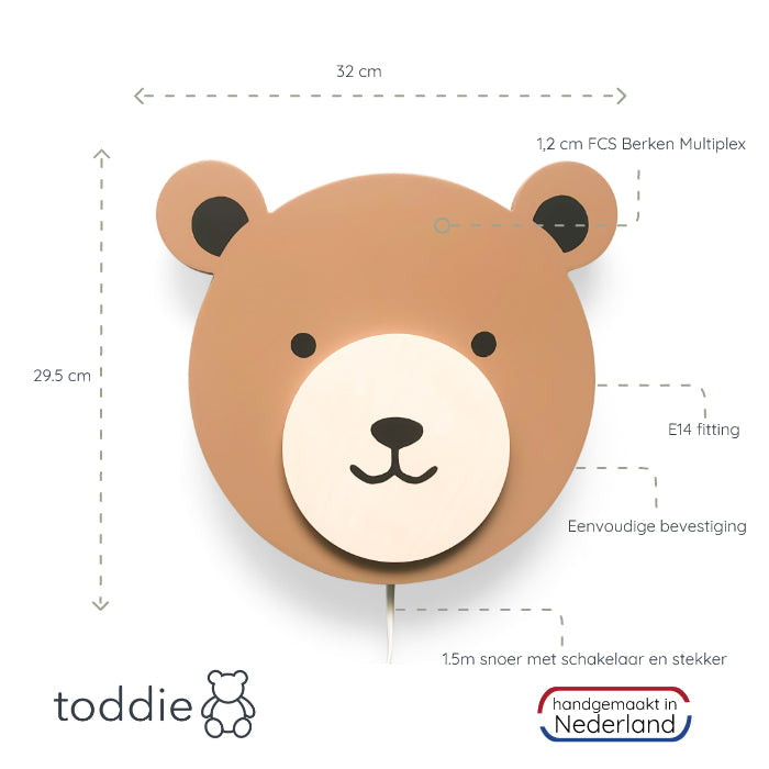Houten wandlamp kinderkamer | Teddy multiplex, Spiced honey - toddie.nl