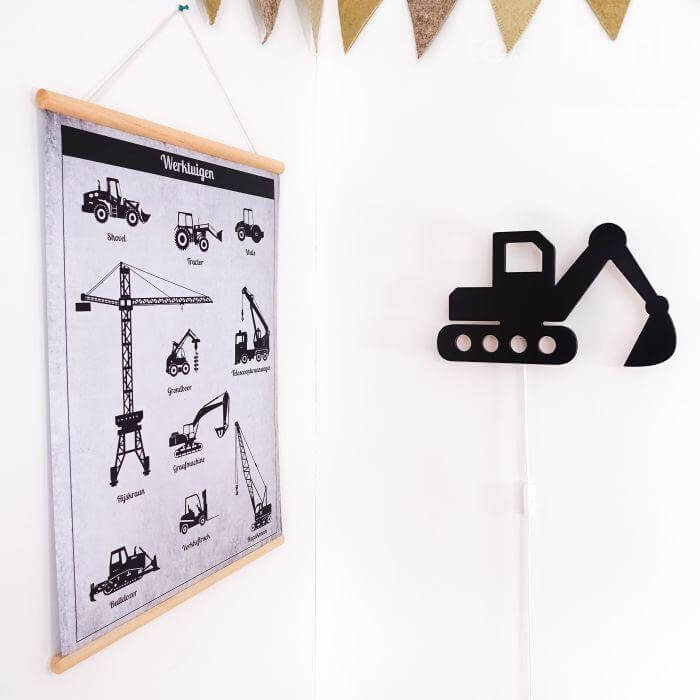 Houten wandlamp kinderkamer | Graafmachine, zwart - toddie.nl