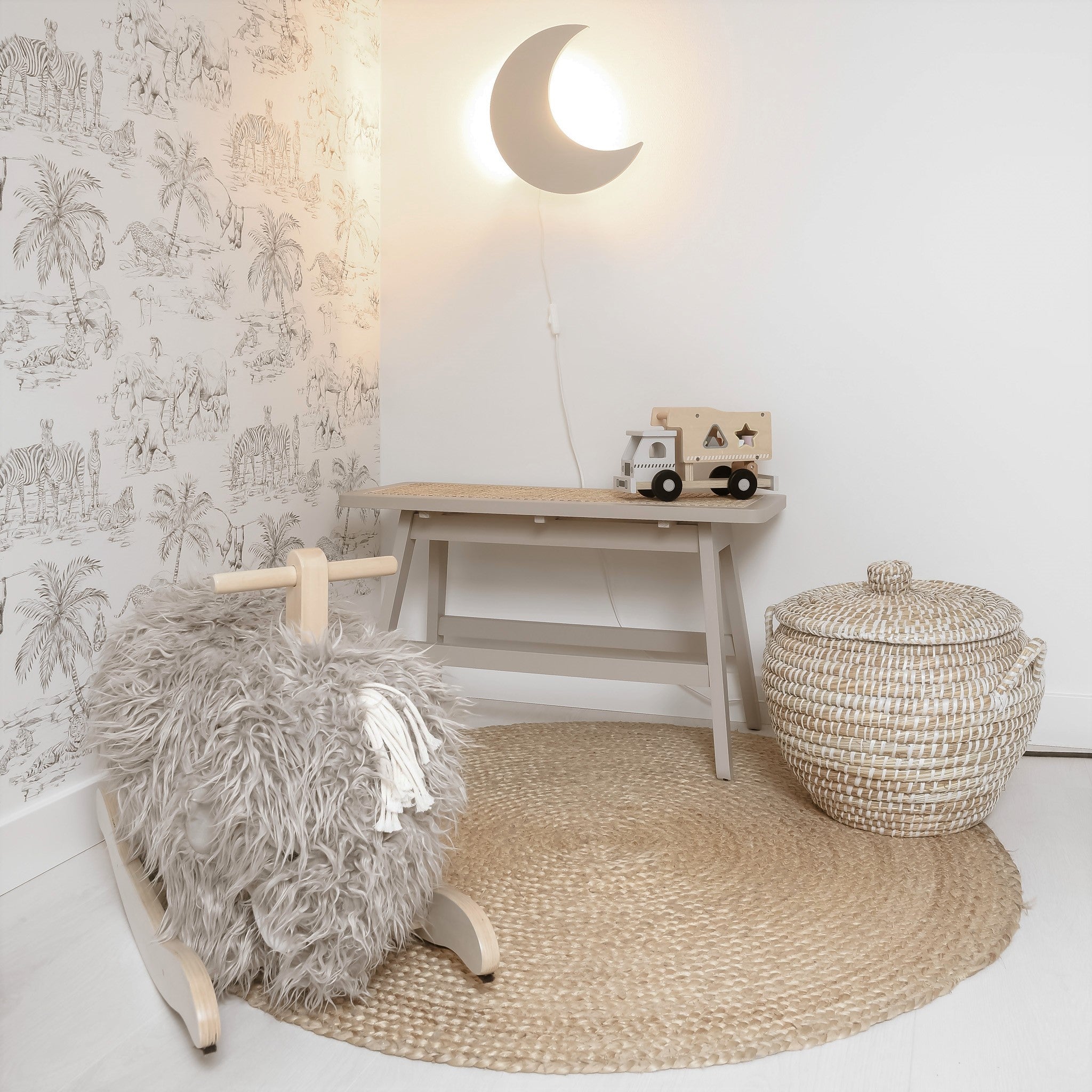 Houten wandlamp kinderkamer | Maan - beige - toddie.nl