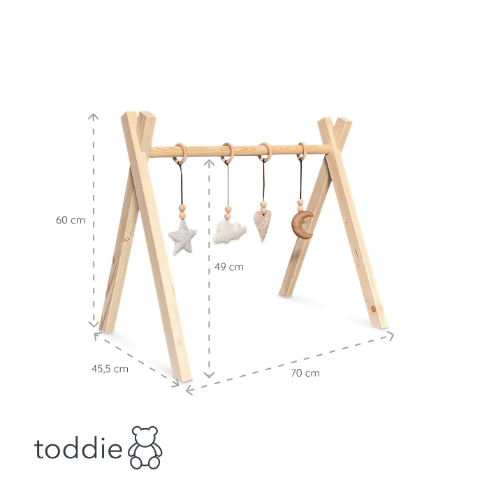 Portique d’éveil en bois noir, avec les jouets suspendus (naturel), en forme de tipi, en bois massif - toddie.fr