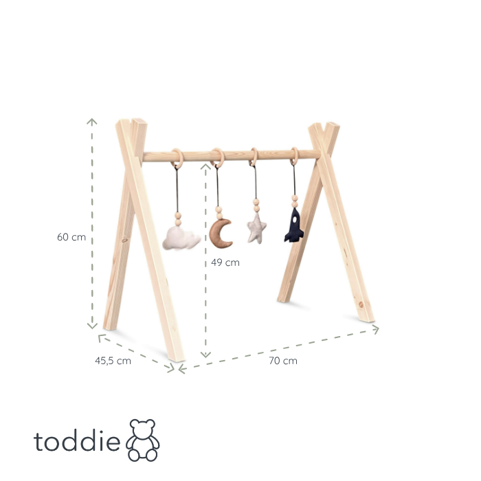 Portique d’éveil en bois noir, avec les jouets suspendus (espace), en forme de tipi, en bois massif - toddie.fr