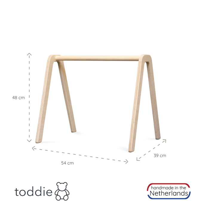 Portique bébé en bois brut | Arche en bois massif - suspensions en animaux de la forêt - toddie.fr