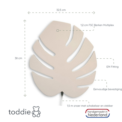 Houten wandlamp kinderkamer | Monstera blad beige - toddie.nl