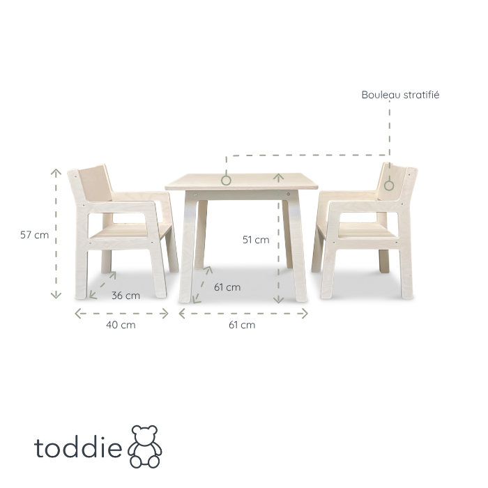 Set de meubles en bois pour enfant 4-7 ans | Blanc | Table + 2 chaises - toddie.fr