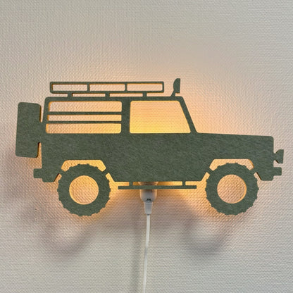 Applique en feutre jeep 4x4 vert sauge – lampe allumée
