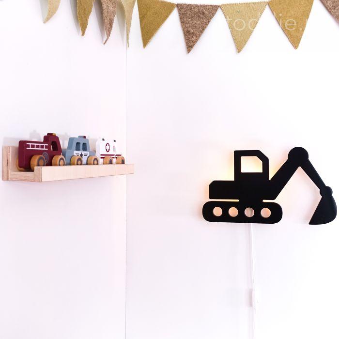 Houten wandlamp kinderkamer | Graafmachine - zwart - toddie.nl ®
