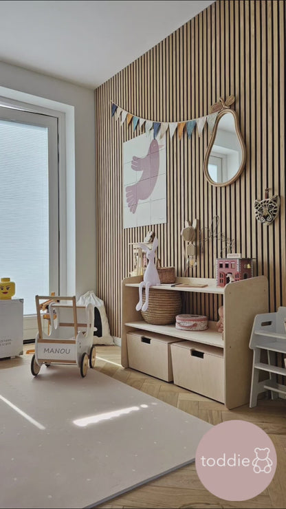Jollie Montessori armoire à jouets ouverte + coffres de rangement à roulettes | Bibliothèque à 2 étagères - naturel