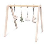 Portique bébé en bois brut | Arche en bois massif - suspensions en animaux de la forêt - naturel