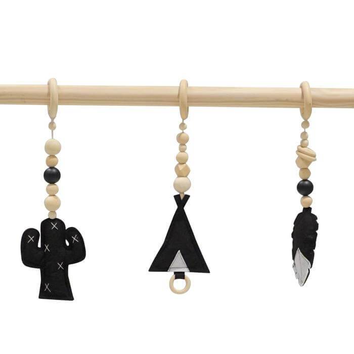 Jouets à suspendre portique d’éveil feutrine noire avec perles de bois | Jouets Playgym - toddie.fr