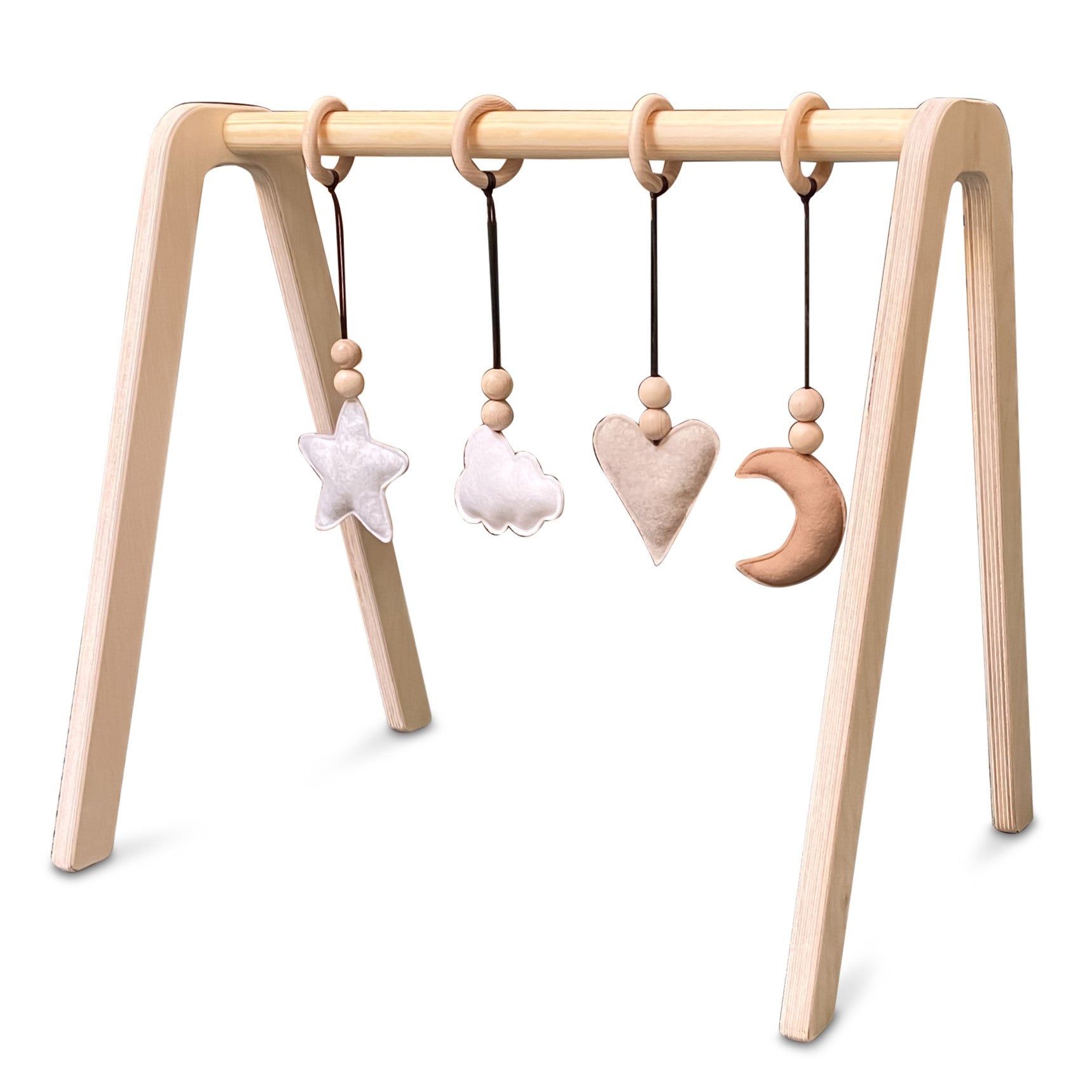 Portique d’éveil en bois blanc , avec les jouets suspendus , naturel , en bois massif - toddie.fr