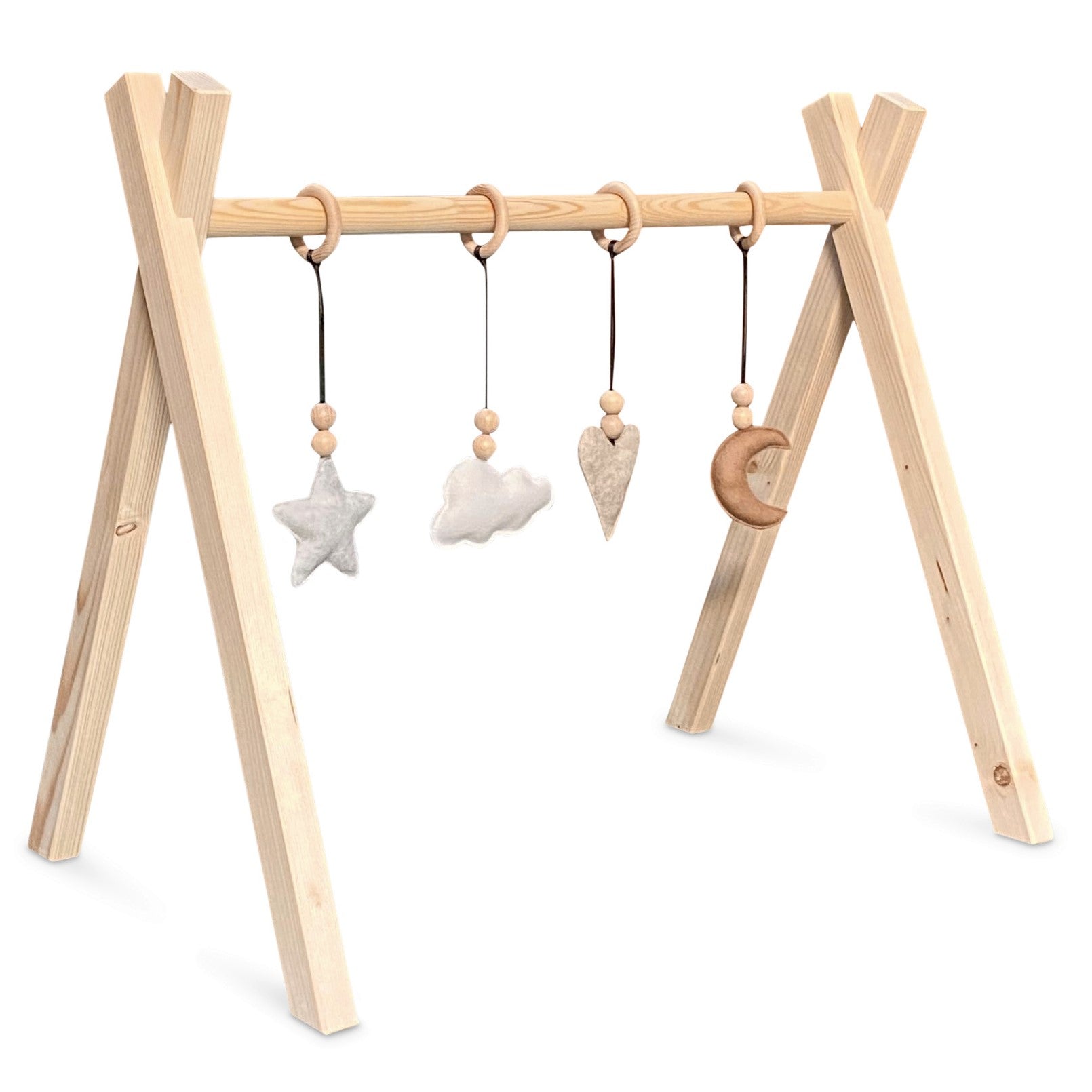 Portique d’éveil en bois noir, avec les jouets suspendus (naturel), en forme de tipi, en bois massif - toddie.fr