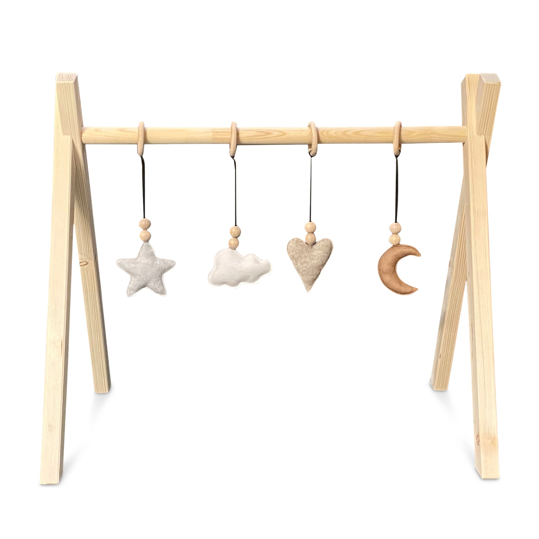 Portique d’éveil en bois noir, avec les jouets suspendus (naturel), en forme de tipi, en bois massif - toddie.fr