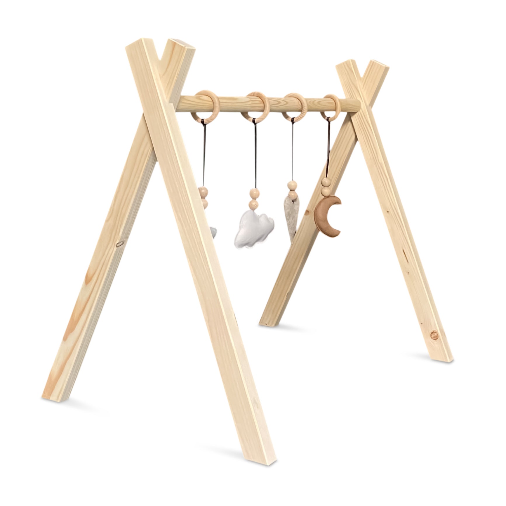 Portique d’éveil en bois noir, avec les jouets suspendus (naturel), en forme de tipi, en bois massif - toddie.fr
