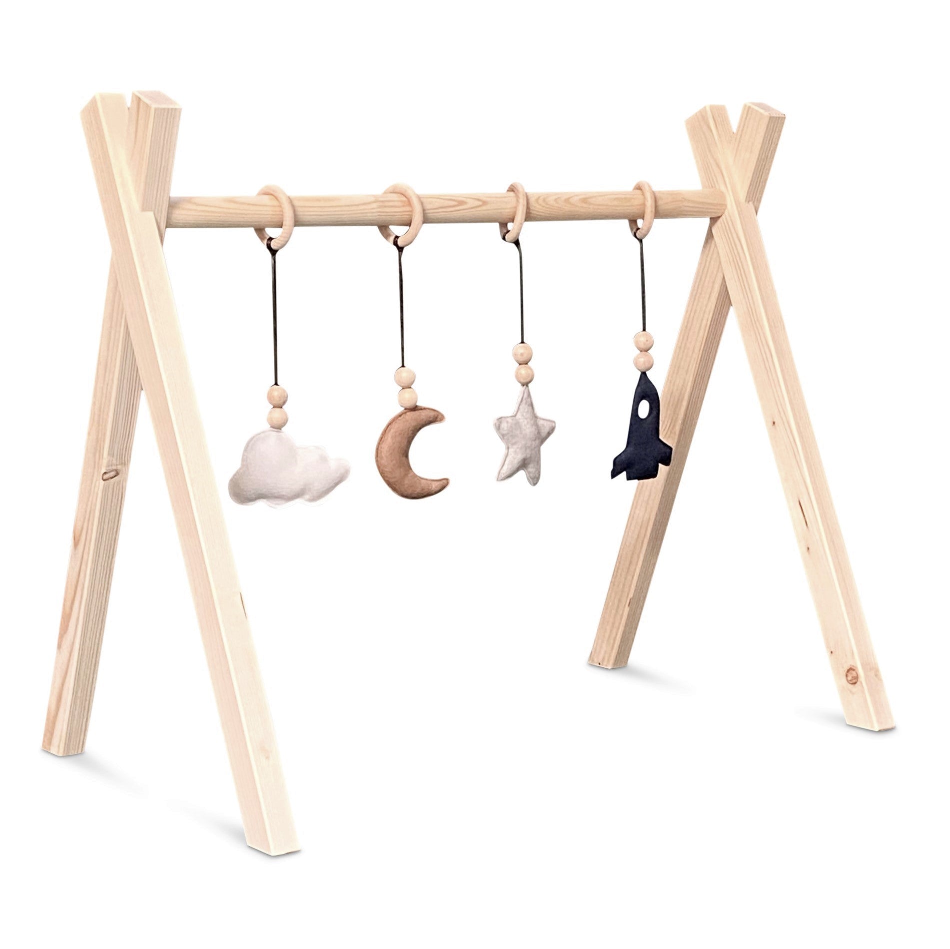 Portique d’éveil en bois noir, avec les jouets suspendus (espace), en forme de tipi, en bois massif - toddie.fr
