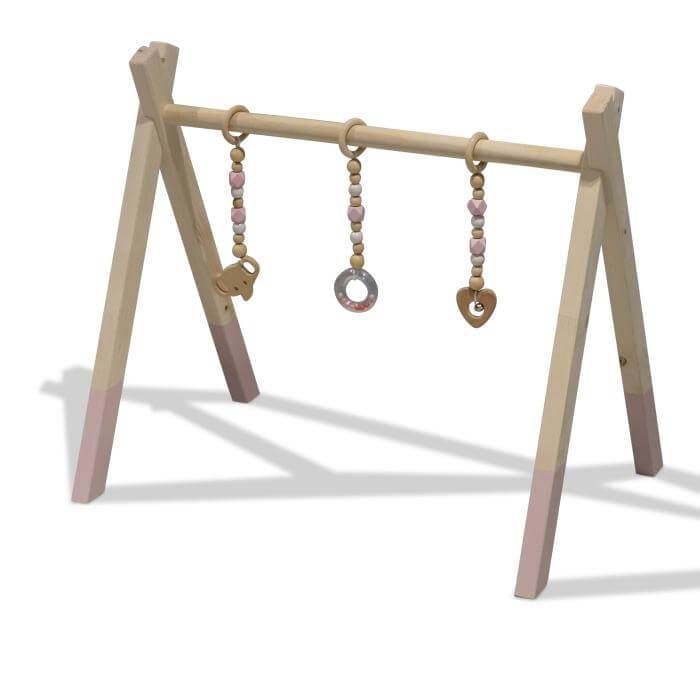 Portique d’éveil en bois rose, avec les jouets suspendus (au choix), en forme de tipi, en bois massif - toddie.fr