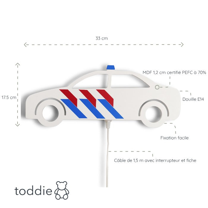 Applique murale bois pour chambre d'enfant | Voiture de police - toddie.fr